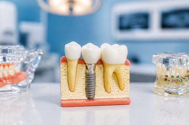 Cross-section model of a titanium dental implant supporting a crown